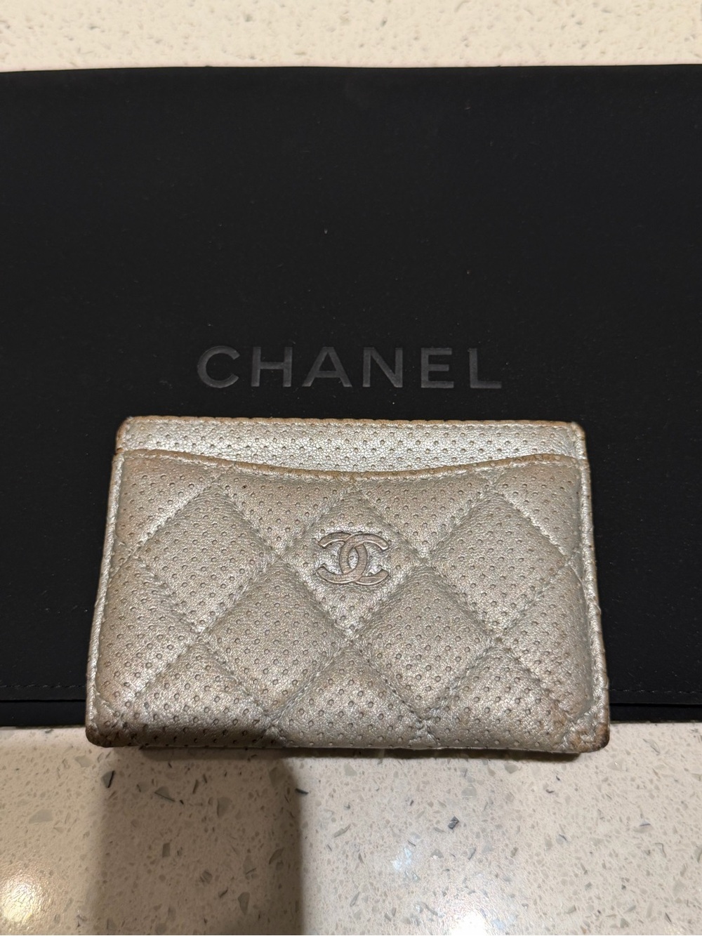 CHANEL Quilted Metallic Silver Card Case